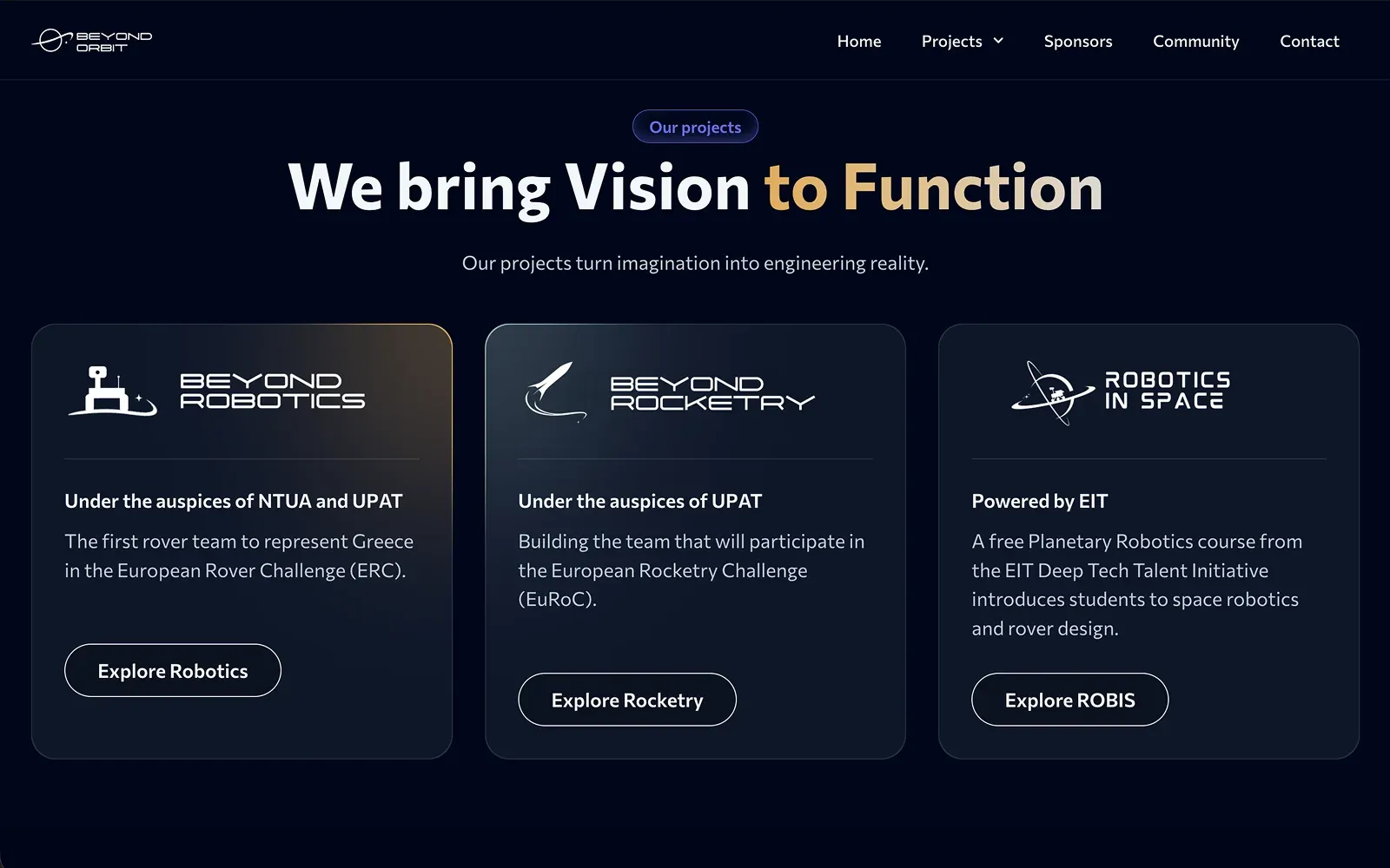 The Beyond Orbit projects section: three dark cards for Beyond Robotics, Beyond Rocketry and Robotics in Space