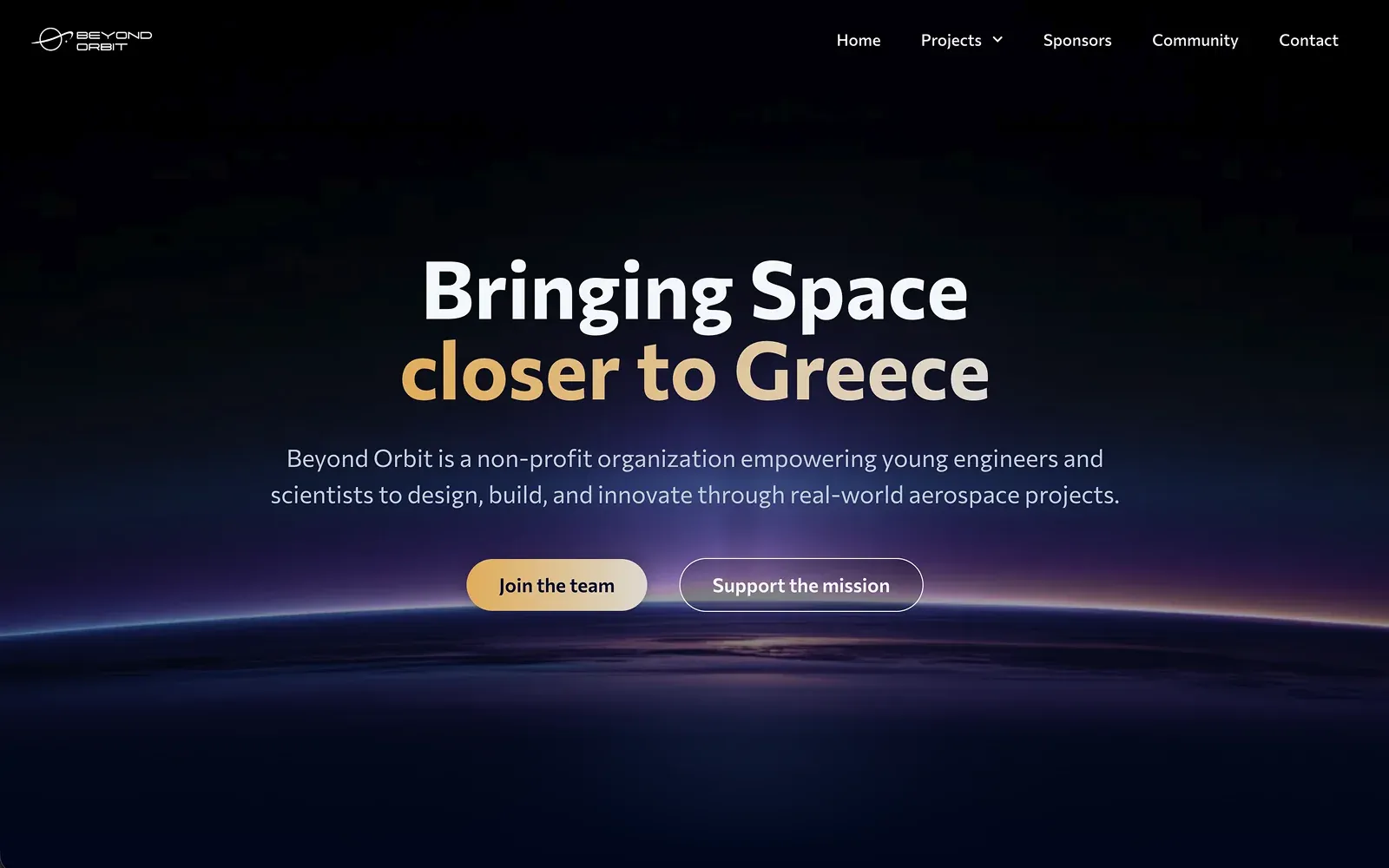 The Beyond Orbit homepage: a centred headline over the curve of the Earth glowing at the horizon
