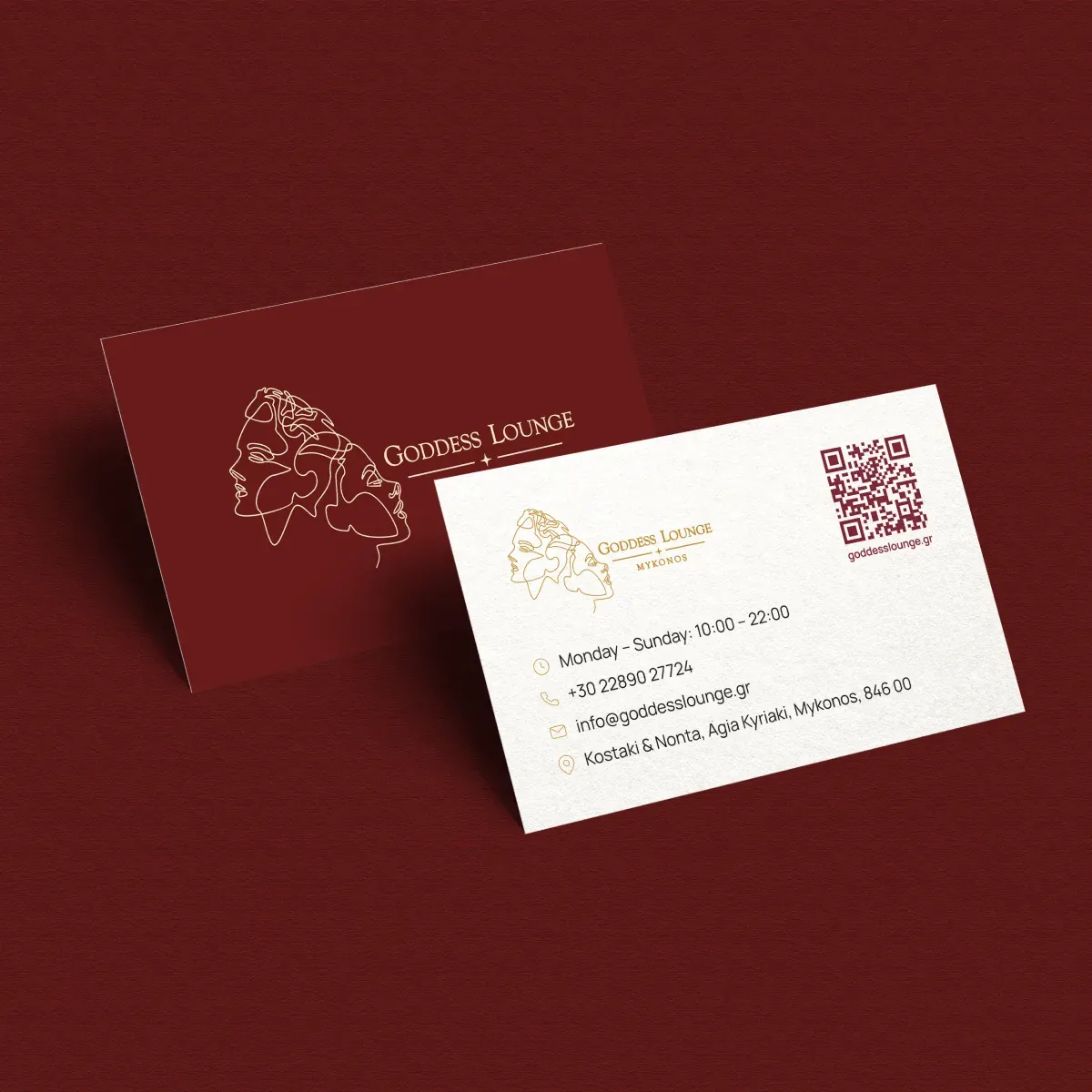 Goddess Lounge business cards: the gold line-drawn goddess on deep red, and a white card with hours, contact details and a QR code