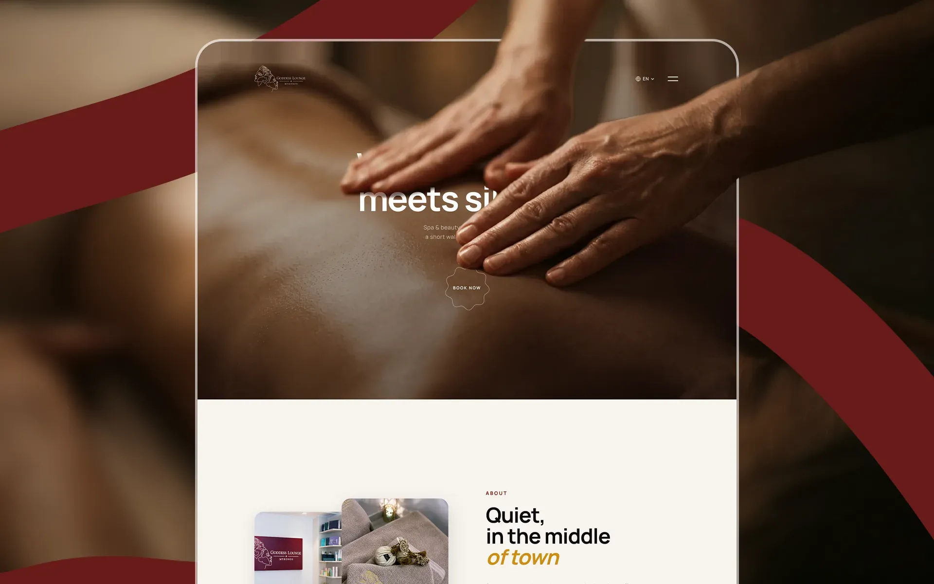 The Goddess Lounge website on desktop: a massage close-up under the headline Where beauty meets silence, over a deep red ribbon