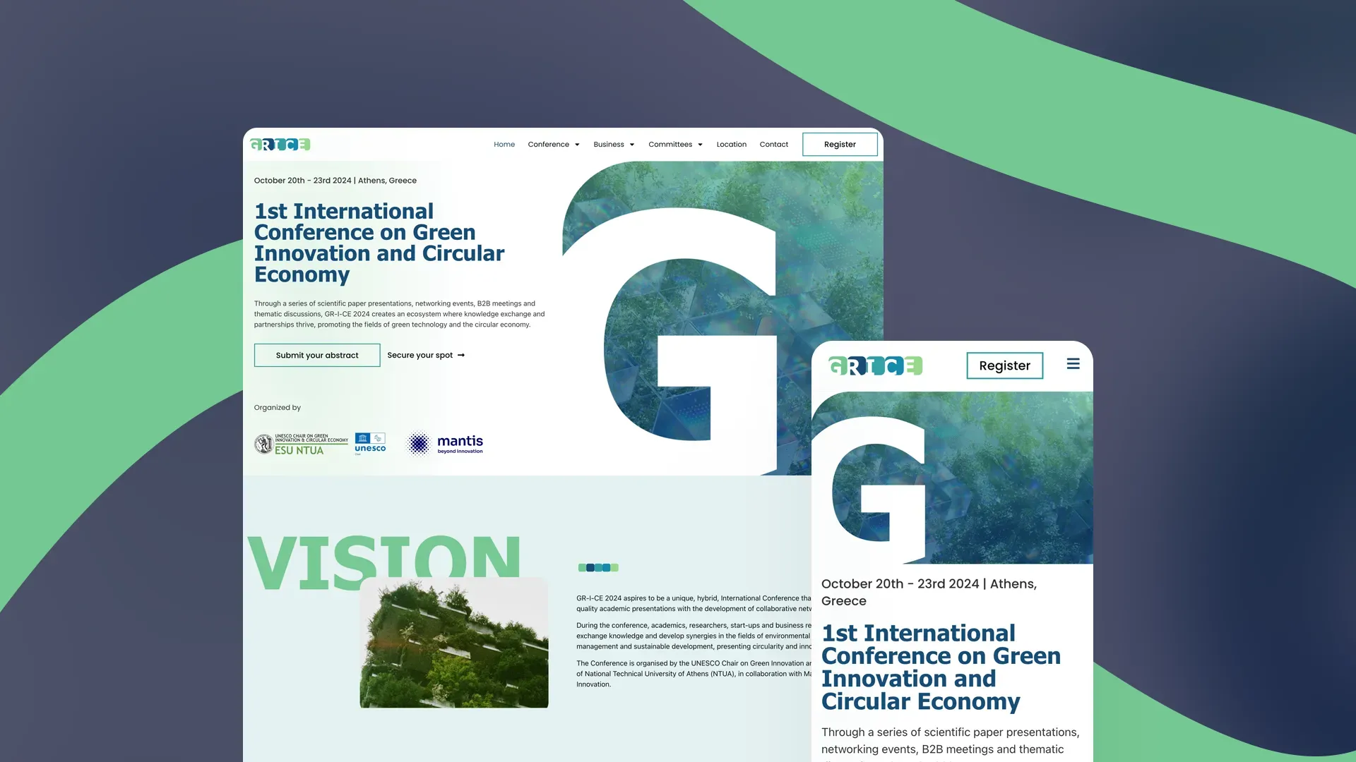The GRICE conference site on desktop and mobile: “1st International Conference on Green Innovation and Circular Economy” beside a giant letter G filled with a leaf photograph, above the NTUA and UNESCO organiser logos