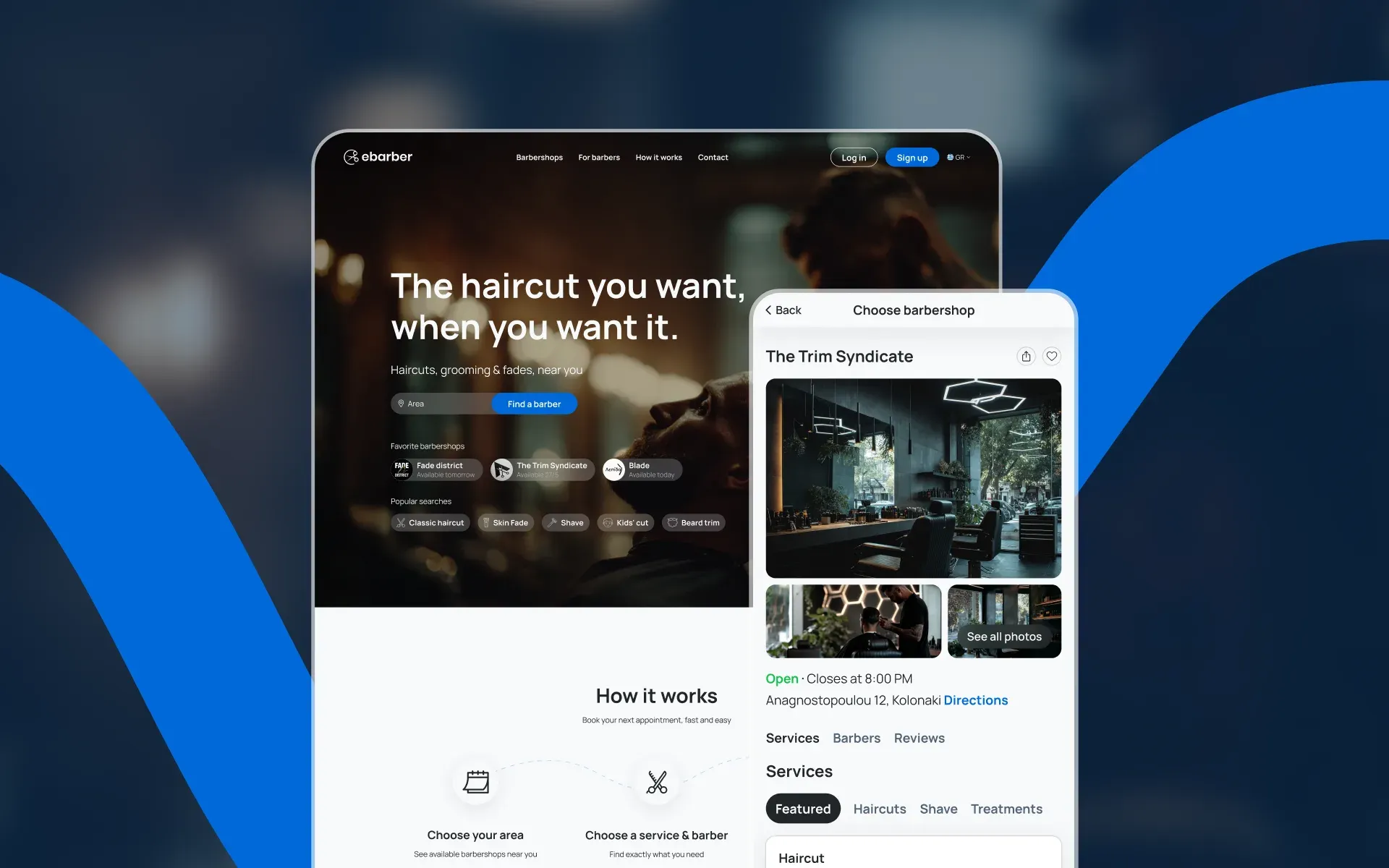 The ebarber website on desktop, The haircut you want, when you want it, beside a phone showing The Trim Syndicate's barbershop page