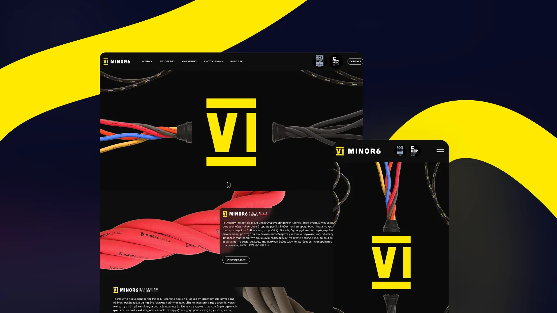 The Minor 6 site on desktop and mobile: the yellow VI monogram on black, framed by coloured studio cables, above the agency and recording project sections