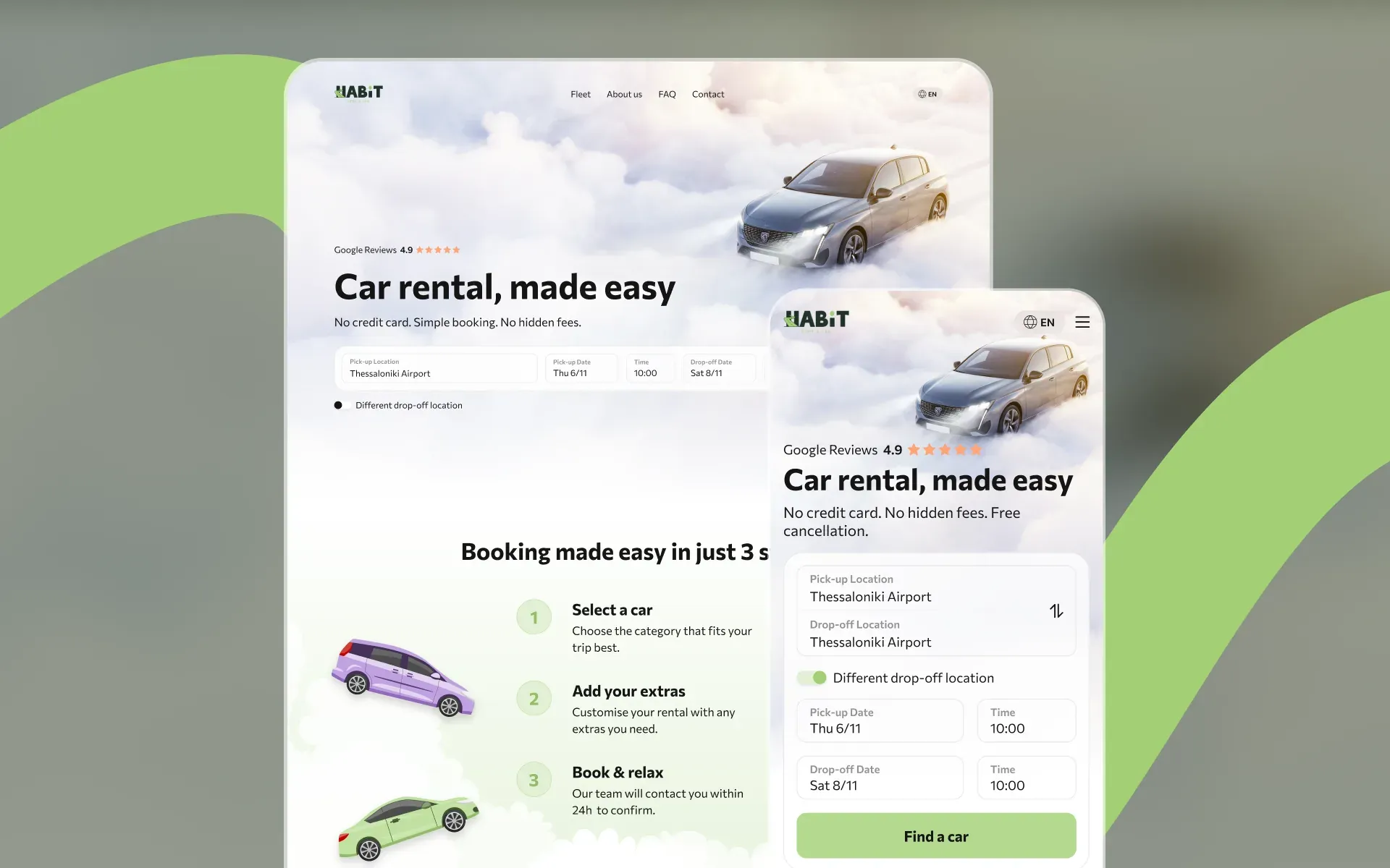 The Habit Rent a Car website on desktop and mobile: the Car rental, made easy hero with a car in the clouds and the pick-up search
