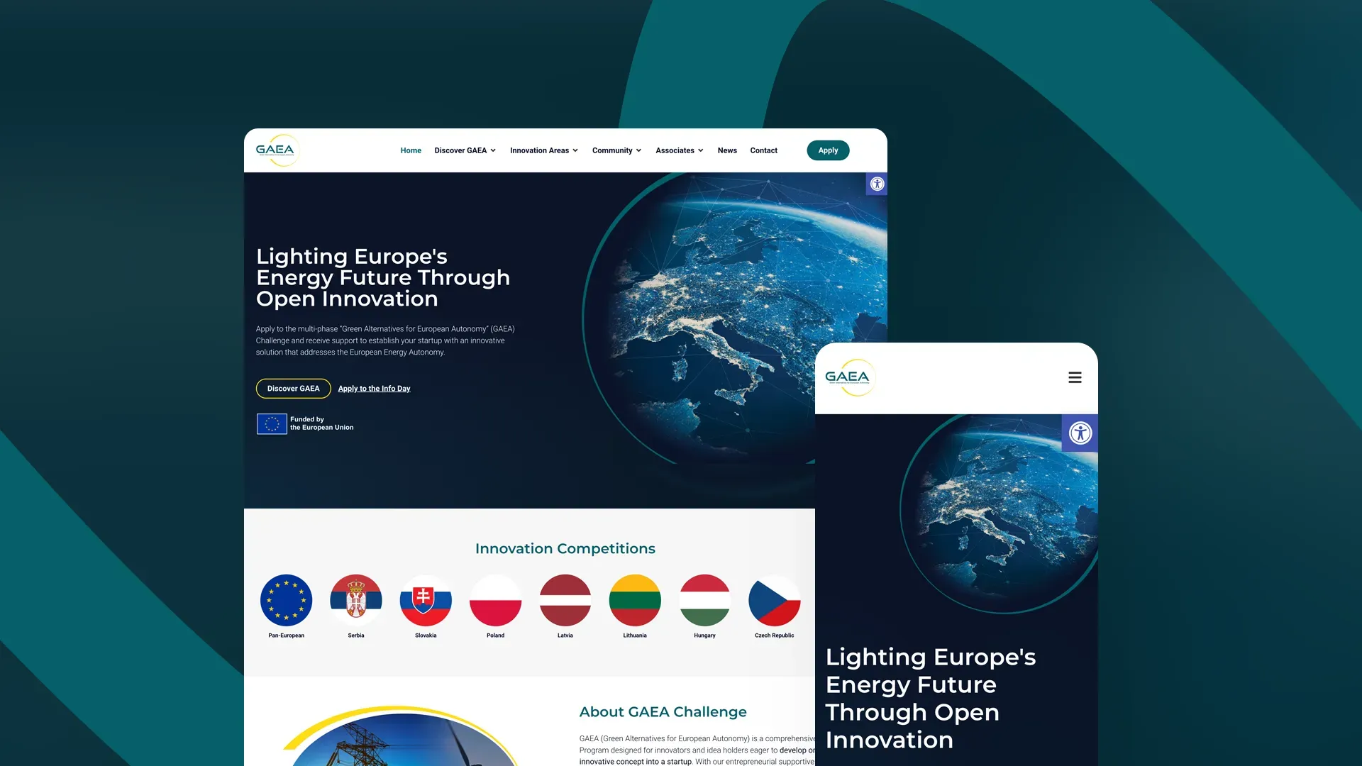 The GAEA Challenge site on desktop and mobile: the headline “Lighting Europe’s Energy Future Through Open Innovation” beside a night-lit globe of Europe, above a row of national flags for the innovation competitions