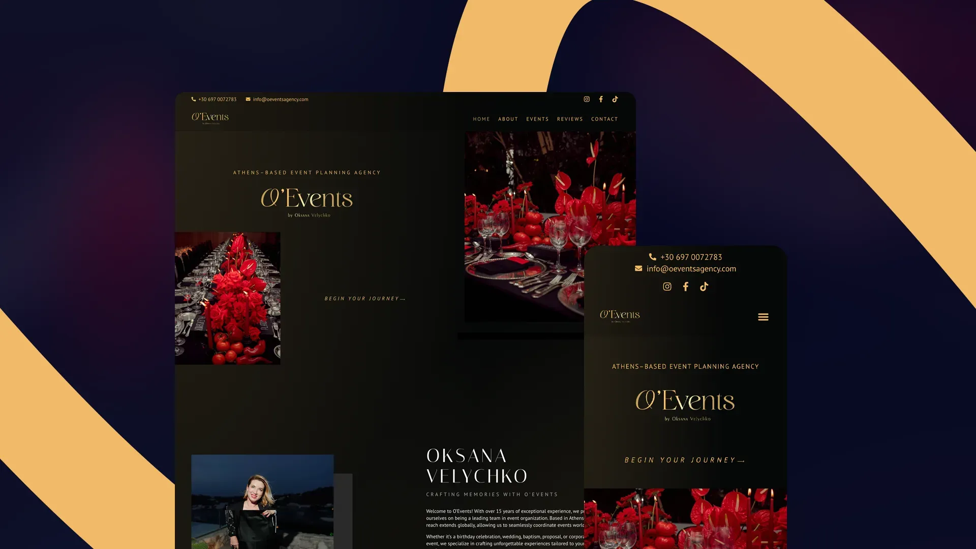 The O'Events homepage on desktop and mobile: a gold serif wordmark and 'Athens-based event planning agency' over a near-black page, beside photographs of a red-anthurium banquet table