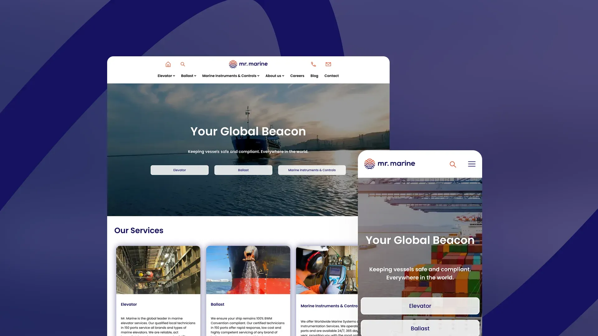 The Mr. Marine site on desktop and mobile: the “Your Global Beacon” hero over a cargo ship at dawn, above the Elevator, Ballast and Marine Instruments service cards