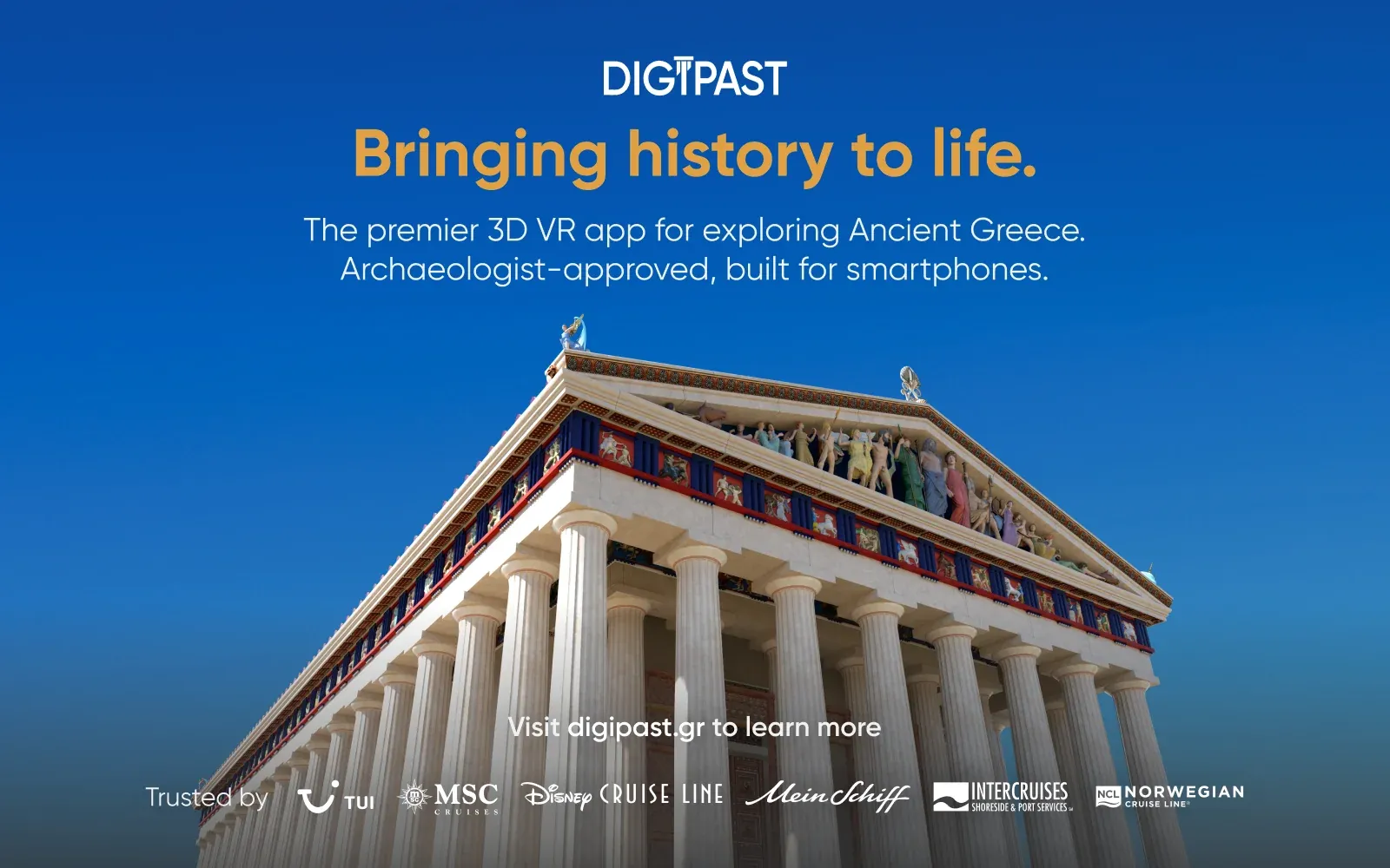 A DIGIPAST campaign graphic: a centred headline above a reconstructed polychrome Greek temple against blue sky