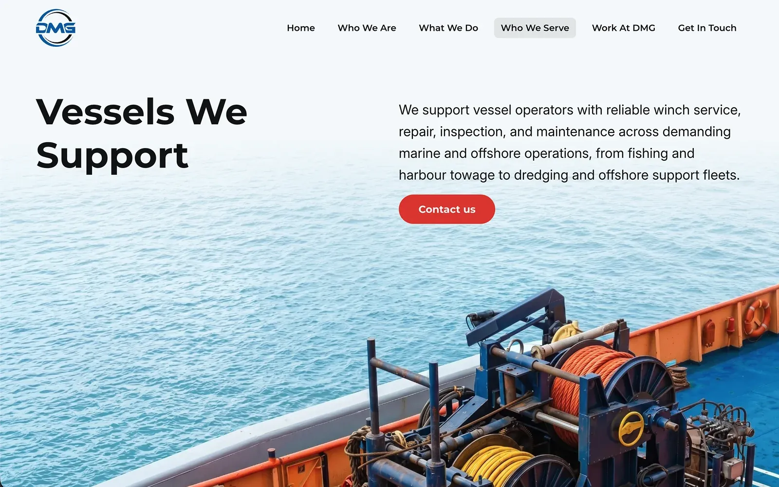 The DMG Holland “Vessels We Support” page: a two-column headline over a pale sea and a deck-mounted winch