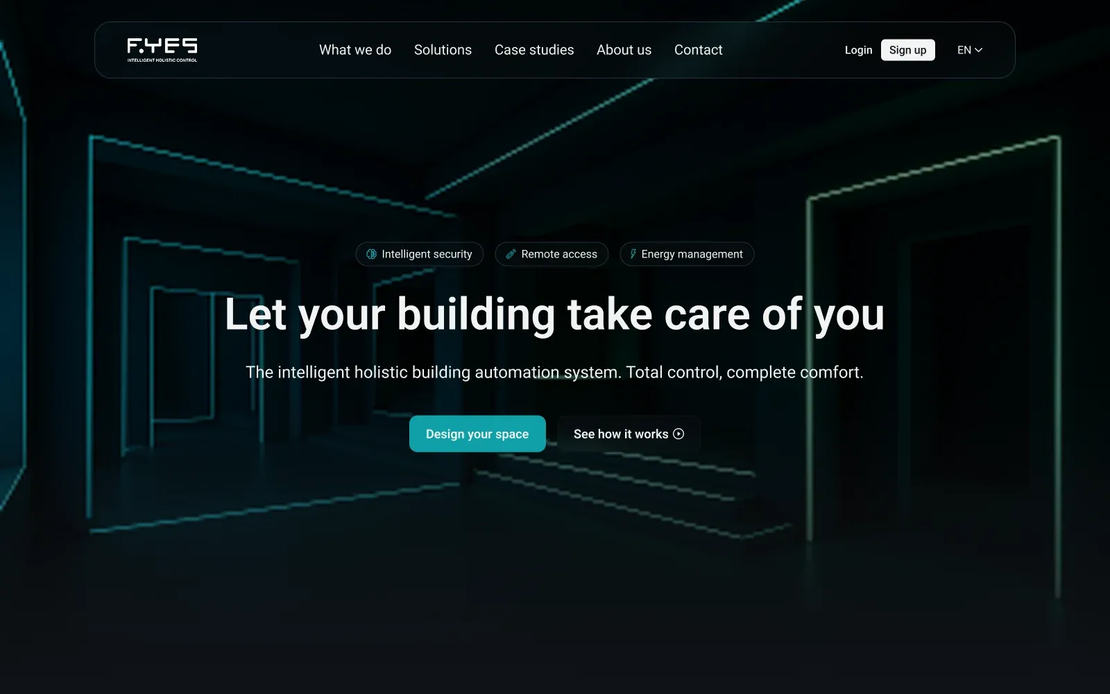 The FYES homepage: a centred headline over a near-black interior traced in teal wireframe light