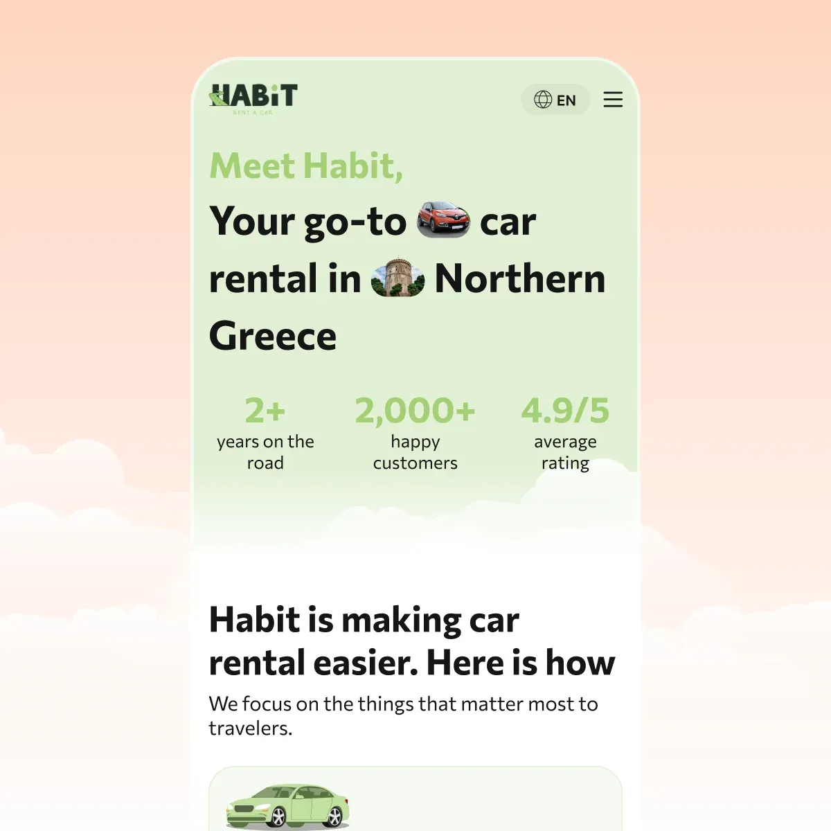 The Habit mobile about page: Meet Habit, your go-to car rental in Northern Greece, with years on the road, happy customers and rating