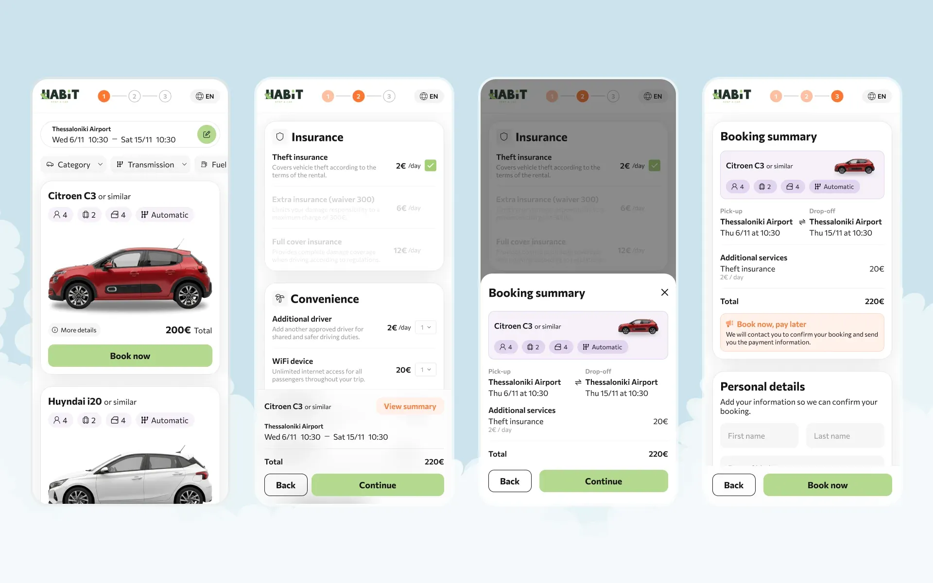 Four Habit mobile booking screens: the fleet list, insurance and extras, the booking summary sheet and personal details