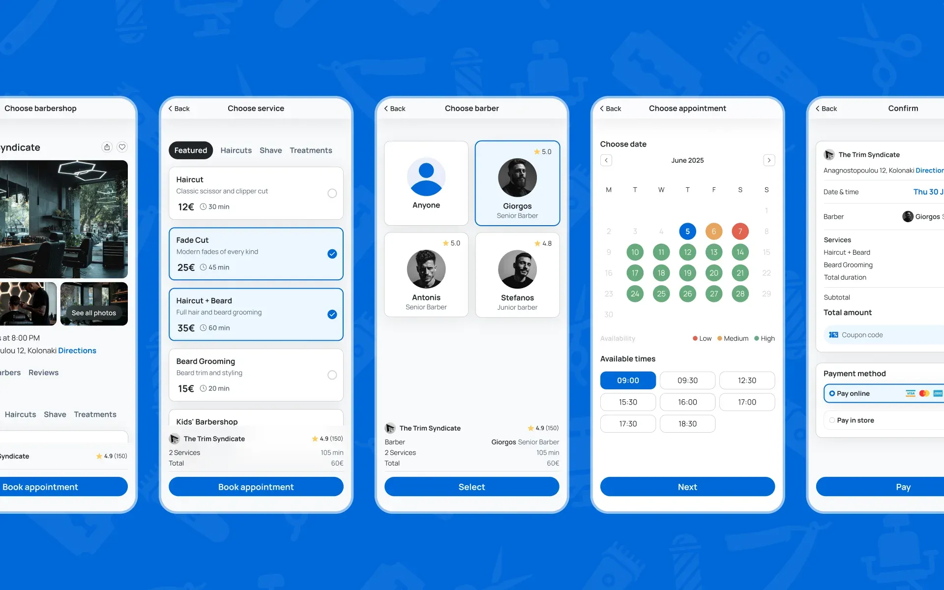 Five ebarber mobile booking screens in a row: choose barbershop, choose service, choose barber, choose appointment and confirm