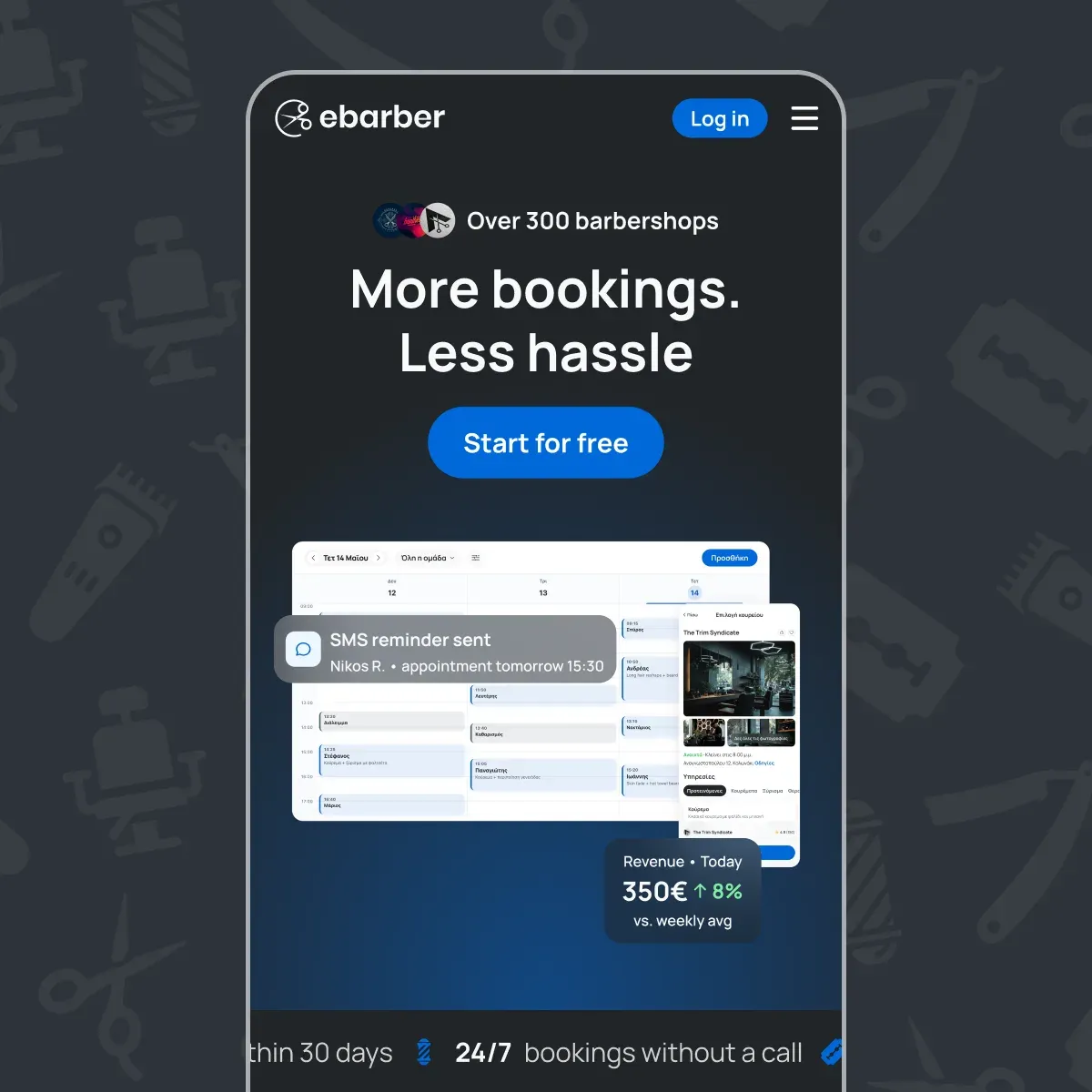 The ebarber for-barbers page on mobile: More bookings. Less hassle, over the shop calendar with an SMS reminder and today's revenue