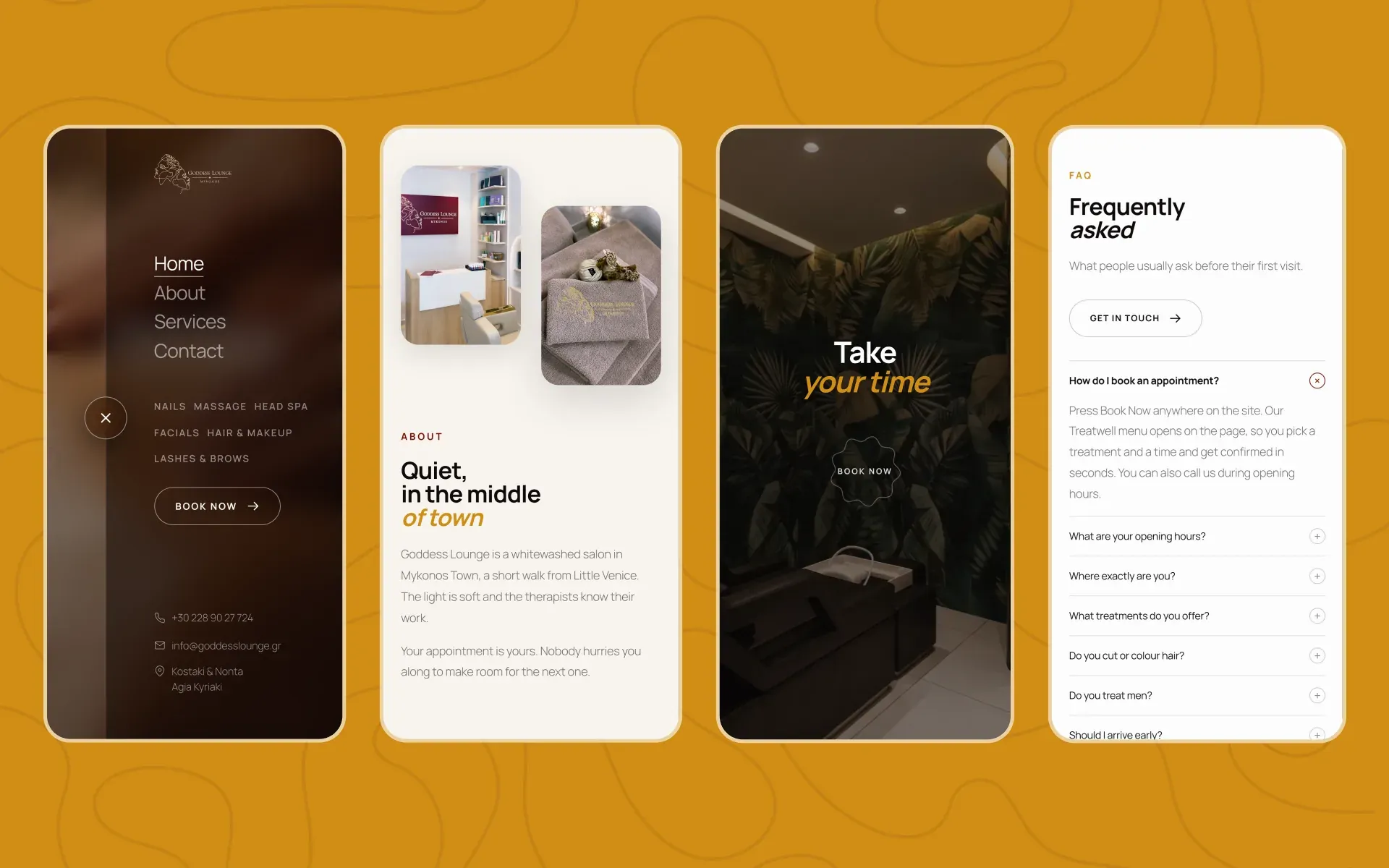 Four Goddess Lounge mobile screens: the open menu, the About section, Take your time and the frequently asked questions