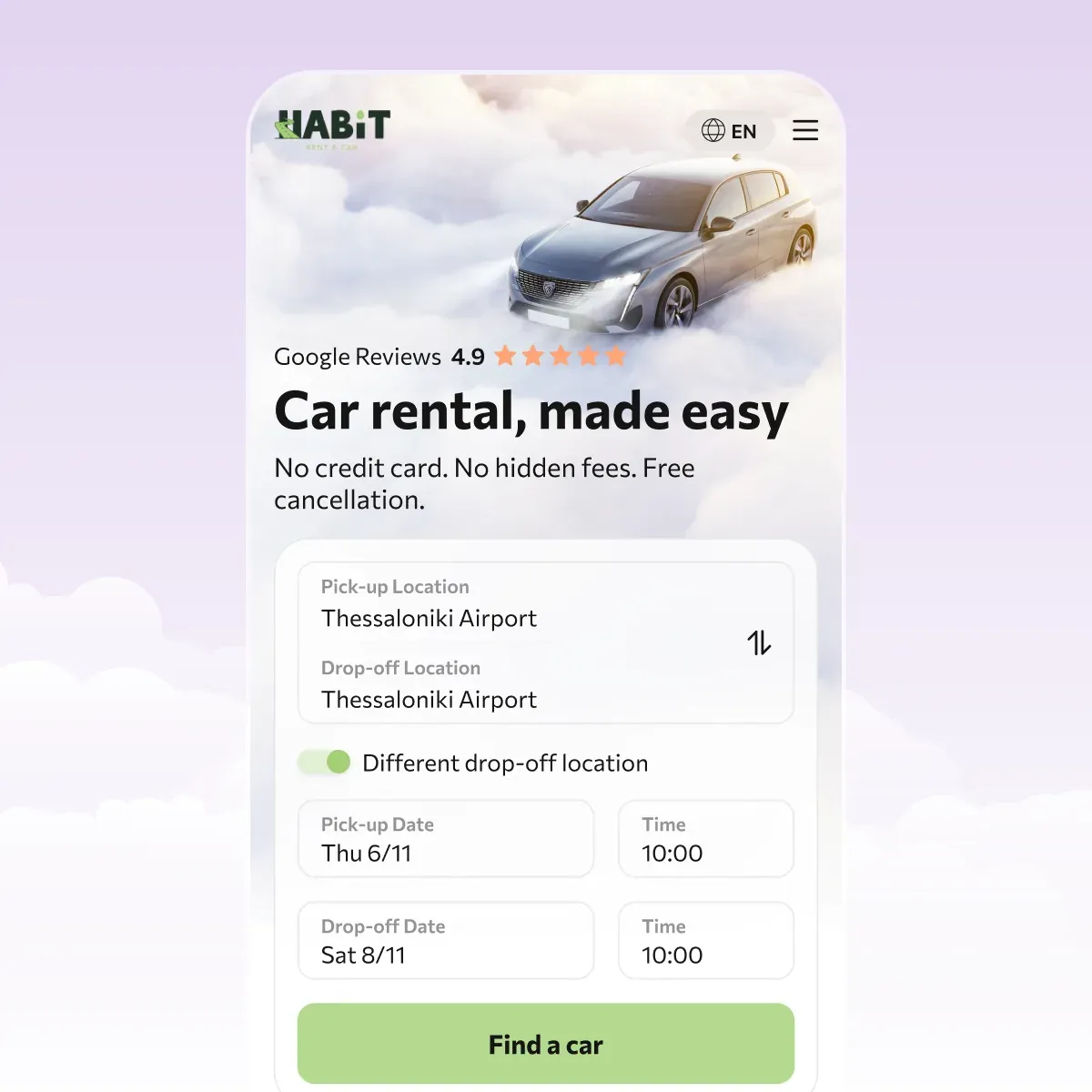 The Habit mobile home screen: Car rental, made easy, Google rating and a search card for pick-up, drop-off, dates and times