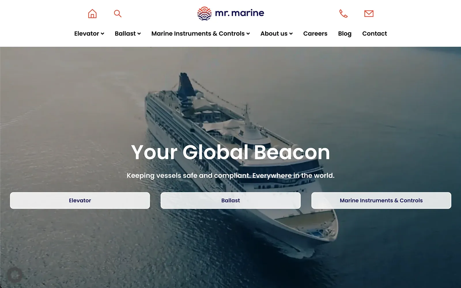 The Mr. Marine homepage: a headline and three service pills over an aerial photograph of a cruise ship at sea