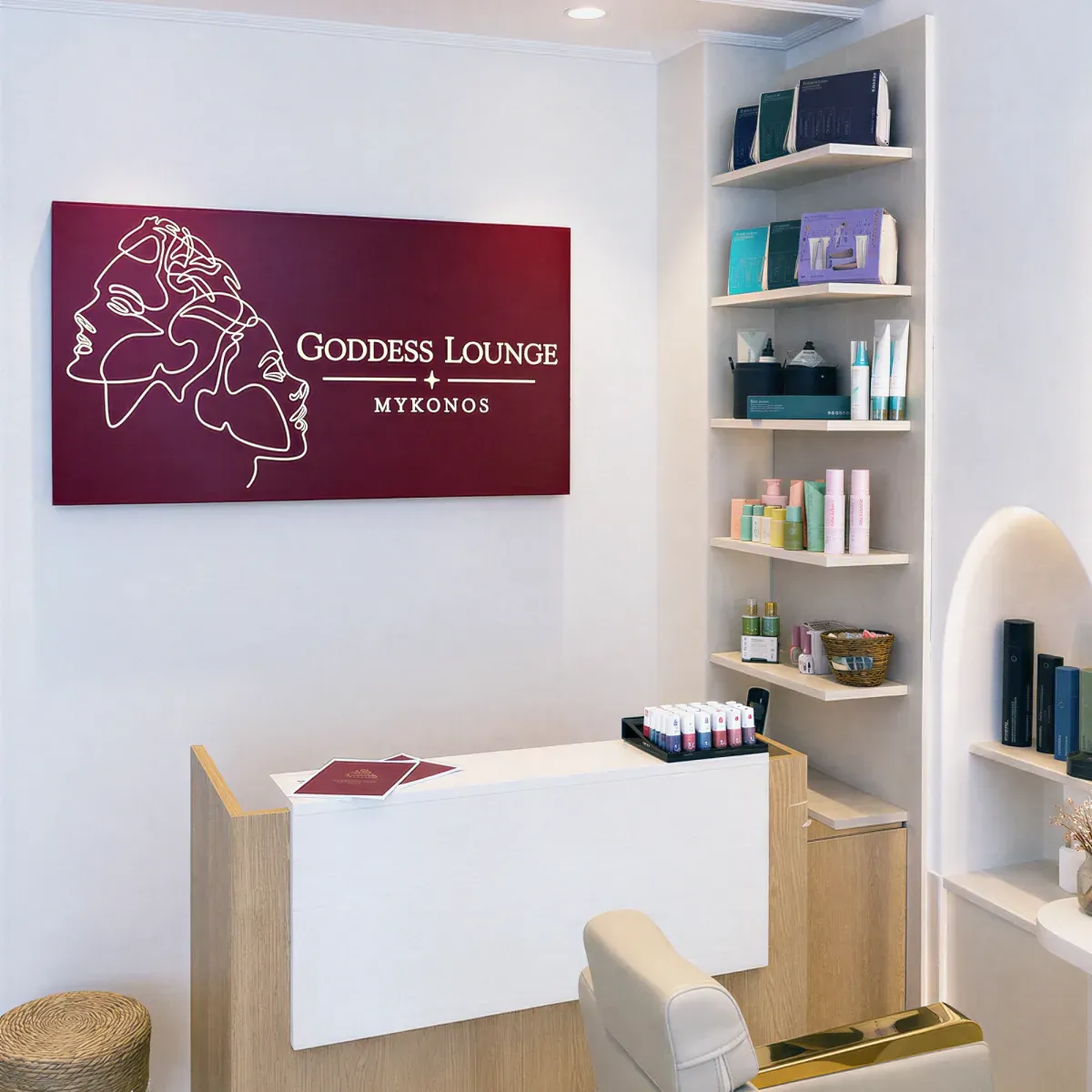 The Goddess Lounge reception: a deep red sign with the line-drawn goddess above a light wood desk and shelves of products
