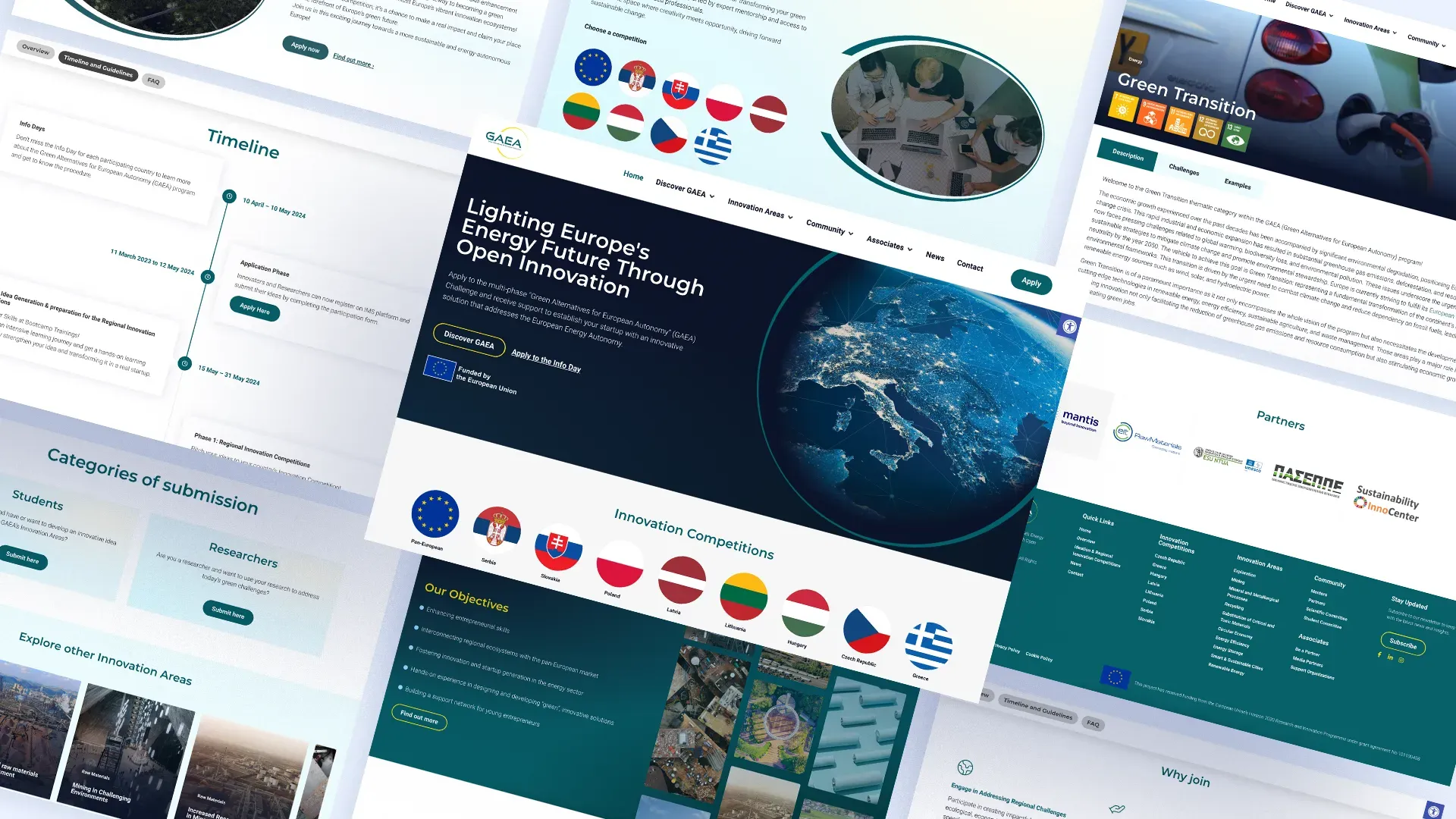 Pages from the GAEA Challenge site laid out on an angle: the home page, the programme timeline, the submission categories, a Green Transition thematic page and the partner logos