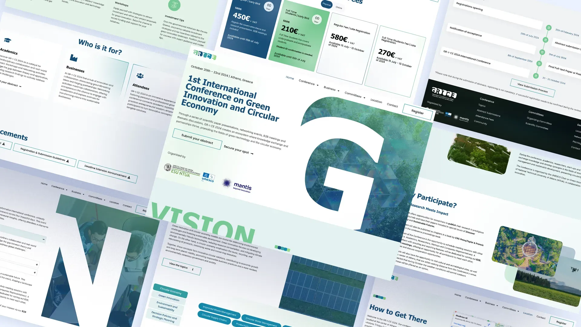 Pages from the GRICE site laid out on an angle: the home page, the registration fees, the submission timeline, “Who is it for”, the dark committees page and a travel map