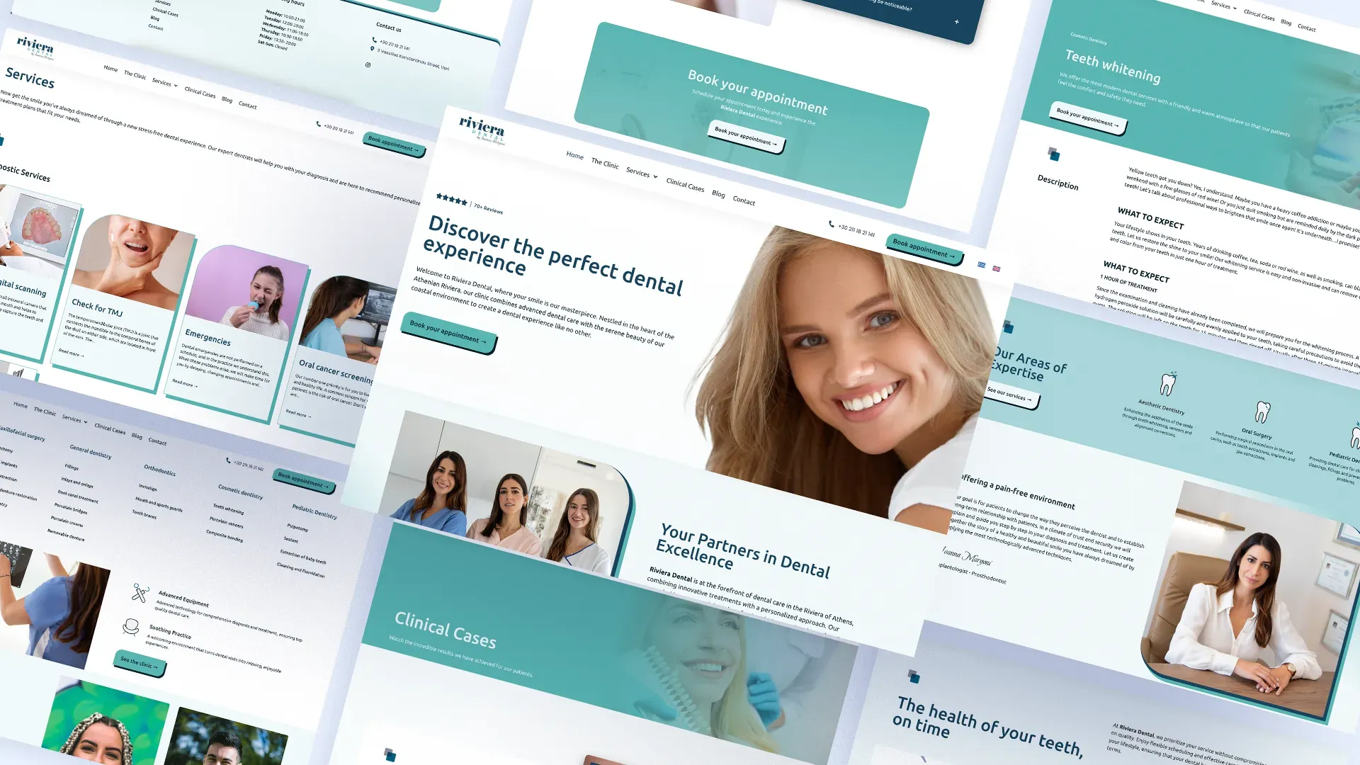 Pages from the Riviera Dental site laid out on an angle: the services index, a teeth-whitening treatment page, clinical cases, the appointment booking block and a practitioner profile