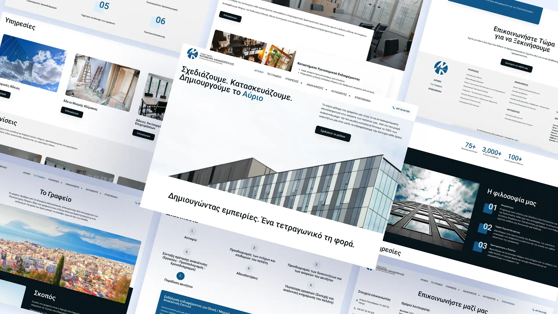 Pages from the Kleathan site laid out on an angle: services, the permits and renovations sections, the practice philosophy, the office profile and the contact page