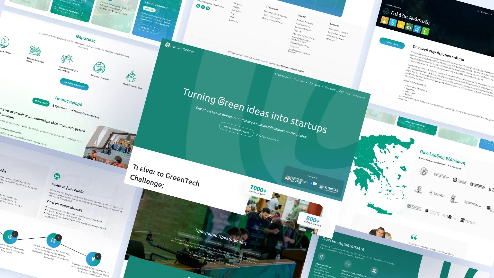 Pages from the GreenTech Challenge site laid out on an angle: the home page, the thematic areas, the preparation programme, a map of Greece showing national reach and the participant timeline