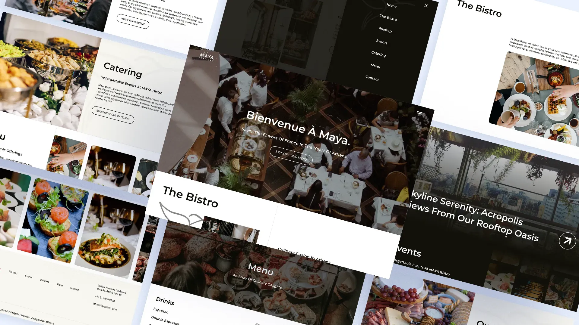 Pages from the Maya Le Bistro site laid out on an angle: the home page, the catering page, the menu, the navigation overlay and the rooftop events section
