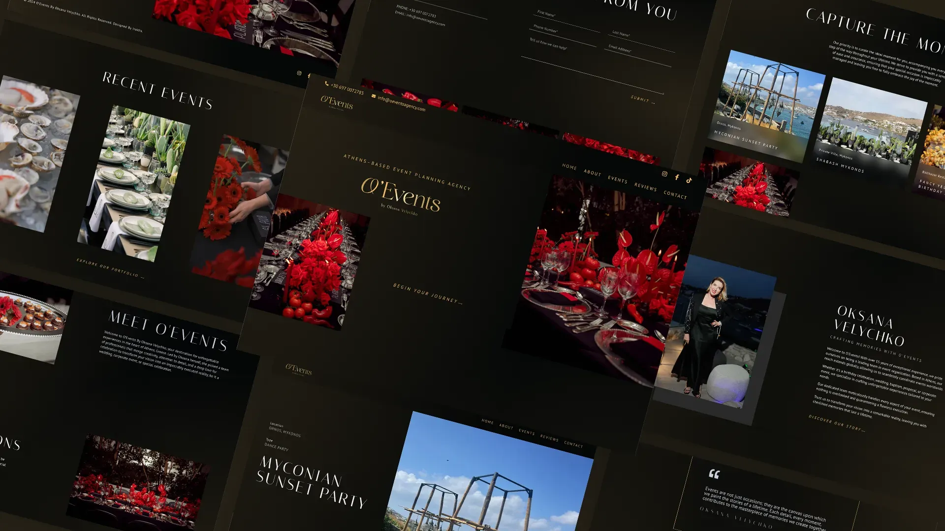 Pages from the O'Events site laid out on an angle: the home page, Recent Events, Meet O'Events, an event write-up, the founder's profile and the contact form