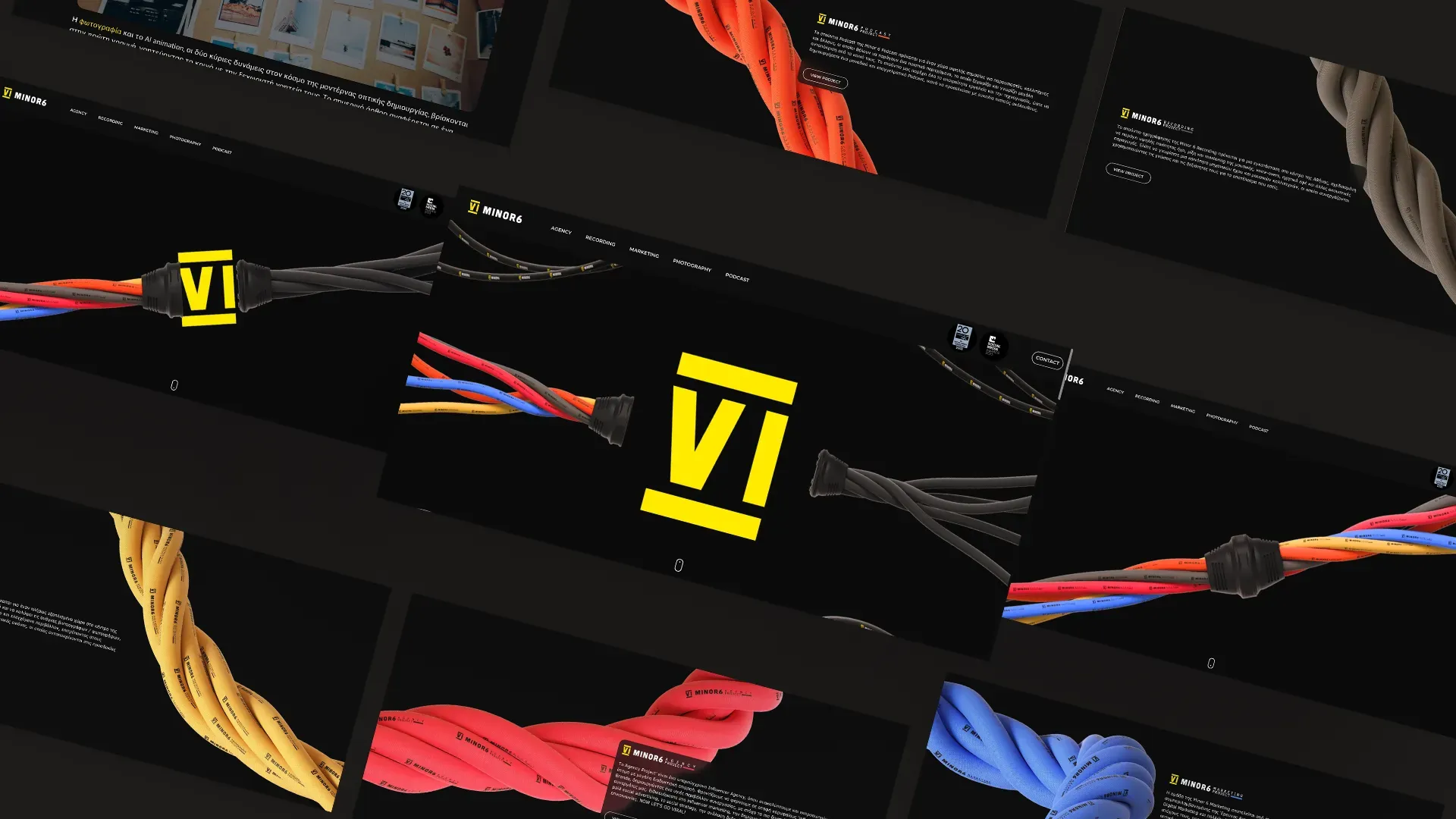 Pages from the Minor 6 site laid out on an angle: the home screen and the agency, recording, marketing, photography and podcast sections, each keyed to a different cable colour