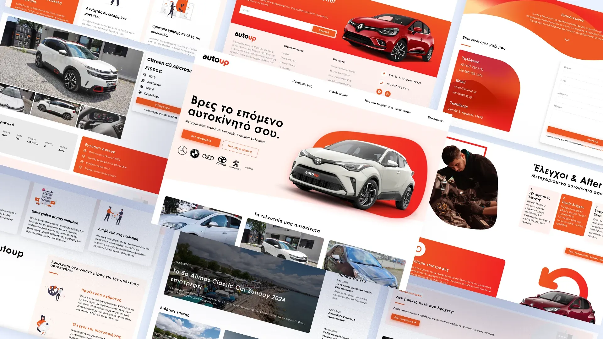Pages from the Autoup site laid out on an angle: a vehicle detail page with specifications, the guarantee and inspection sections, the automotive blog, and the contact page