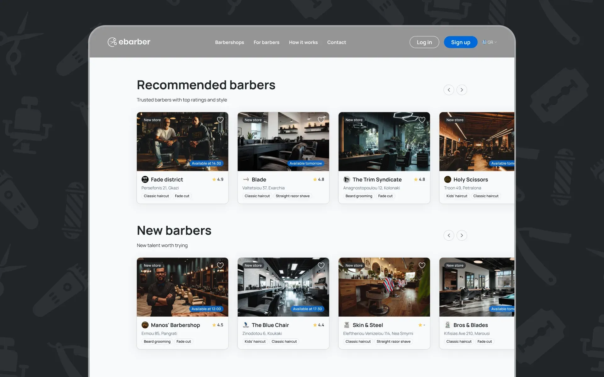 The ebarber barbershop listings on desktop: rows of recommended and new barbers with photos, ratings, addresses and next available times