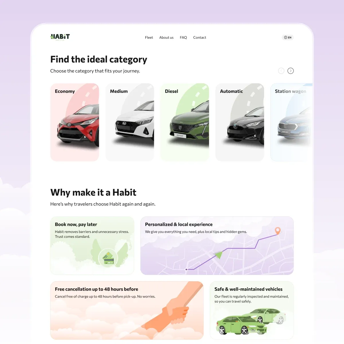 Further down the Habit homepage: a carousel of car categories and the Why make it a Habit benefits
