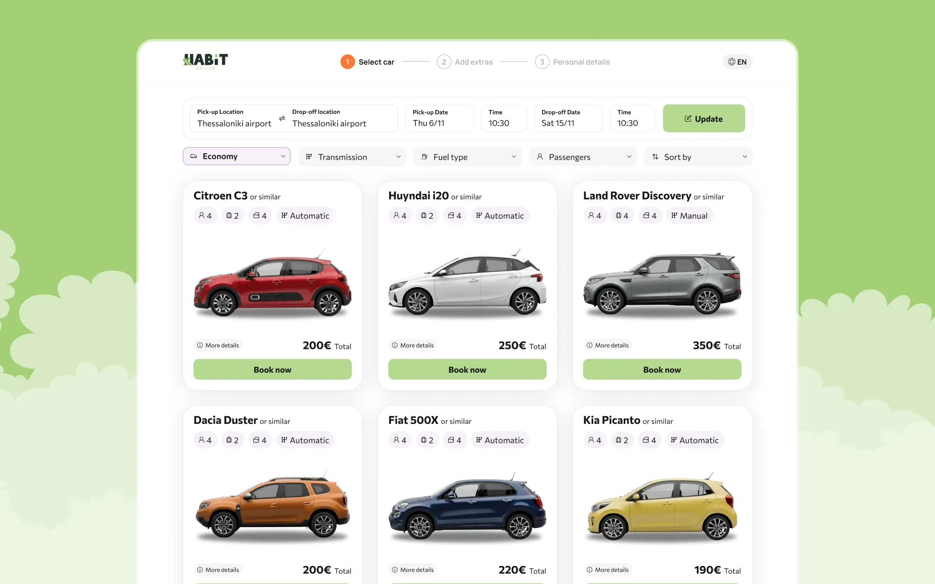 Habit desktop results: the booking steps, an editable search and filters above cards for each car with its total price