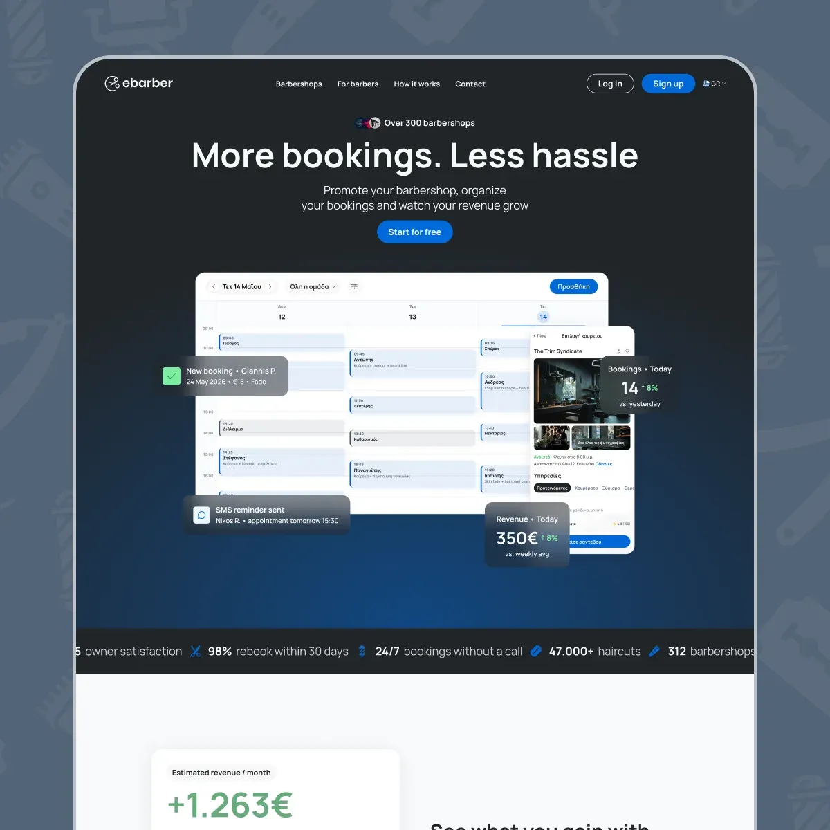 The ebarber for-barbers page on desktop: More bookings. Less hassle, over the team calendar with booking, reminder and revenue cards