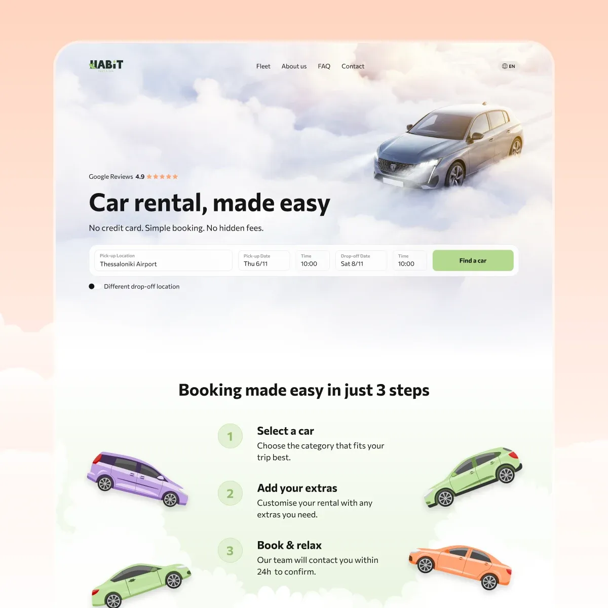 The Habit homepage on desktop: a car in the clouds over a one-line search bar, then Booking made easy in just 3 steps