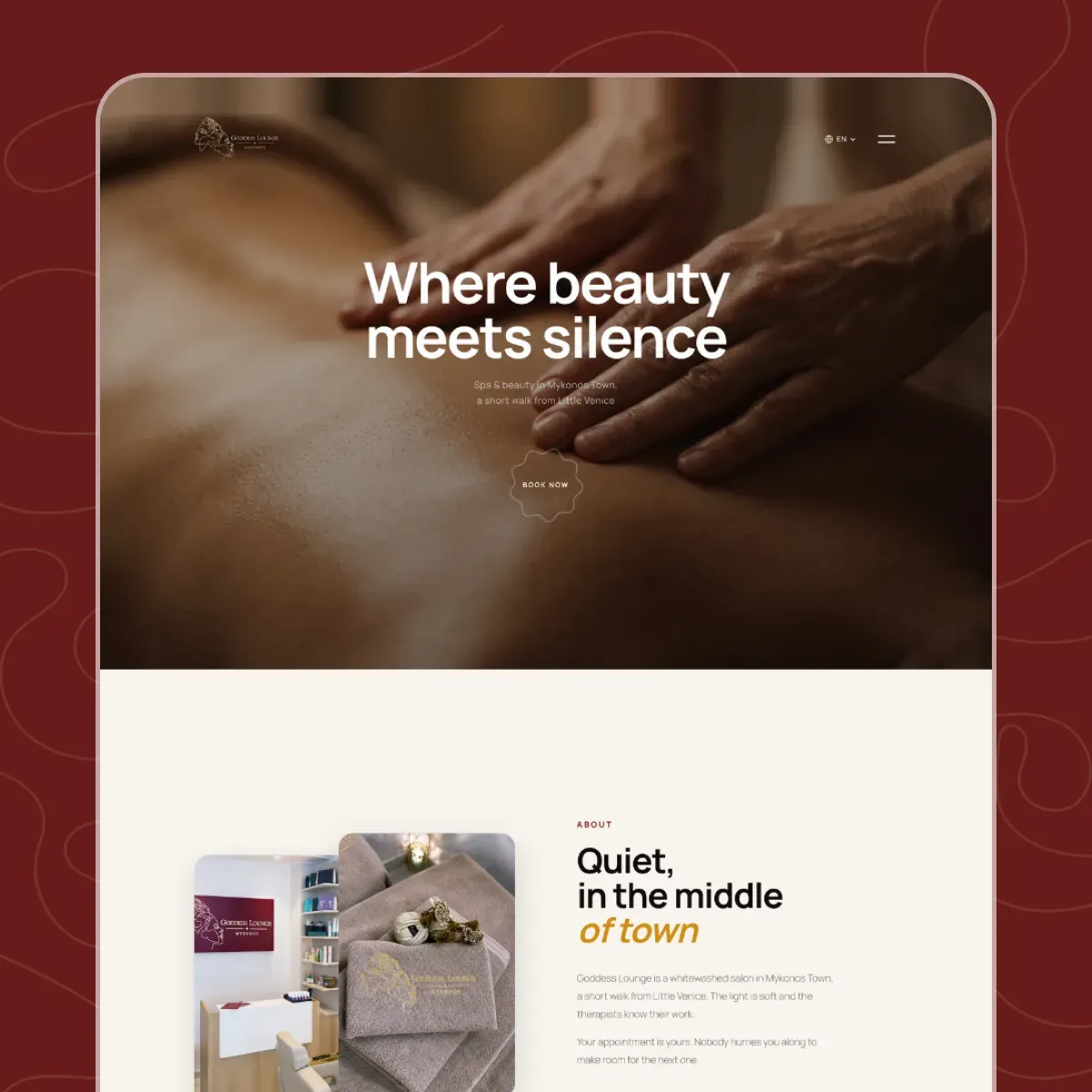 The Goddess Lounge homepage on desktop: the massage hero, then Quiet, in the middle of town beside photographs of the salon