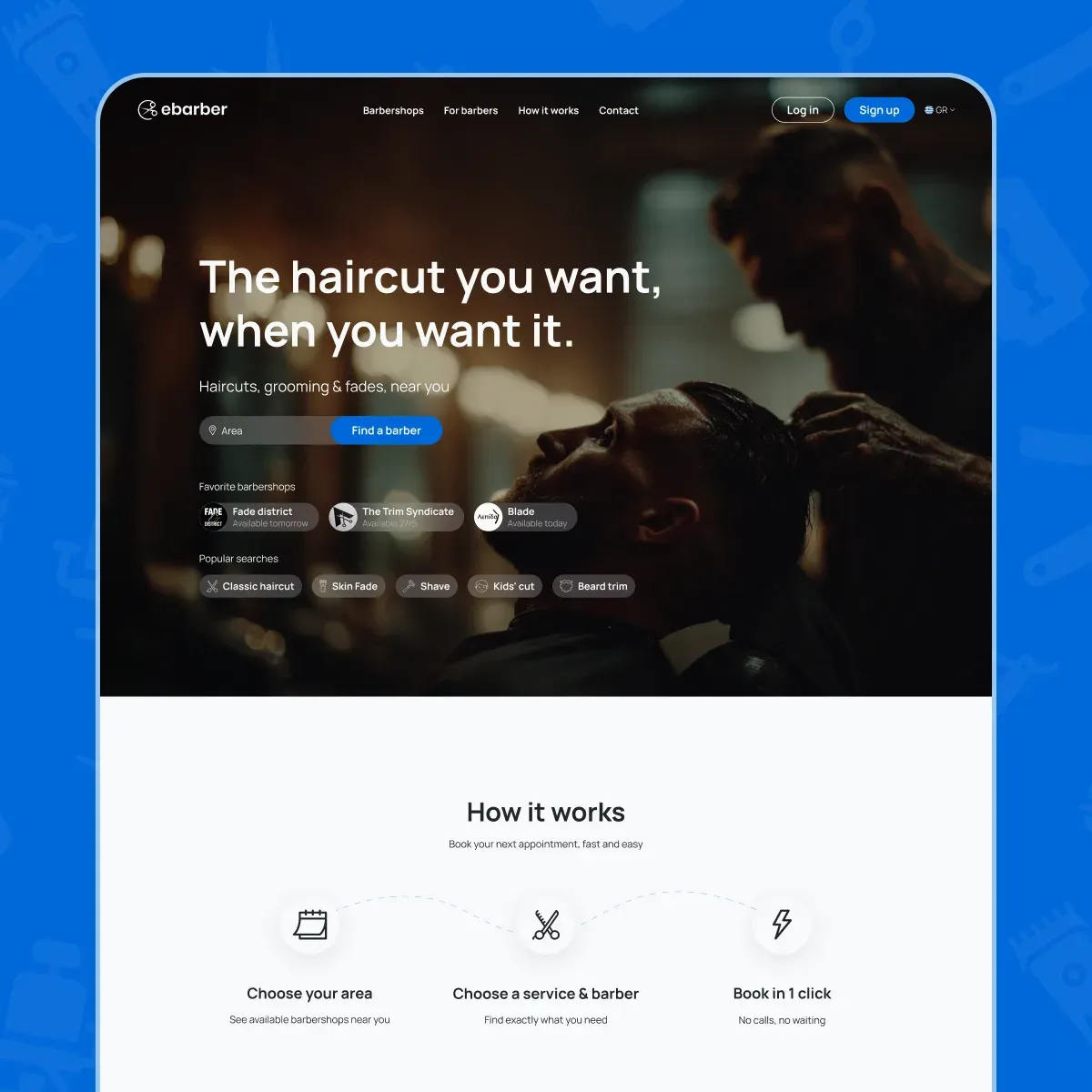 The ebarber homepage on desktop: an area search over a barber photograph, popular searches and the three steps of How it works