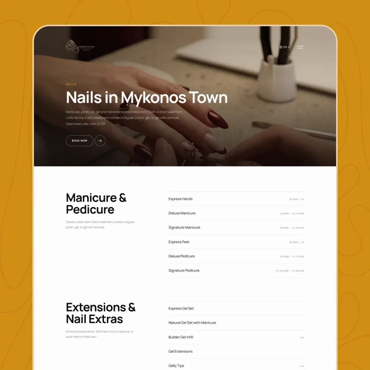 The Goddess Lounge nails page on desktop: Nails in Mykonos Town, then the manicure, pedicure and extensions menu with durations